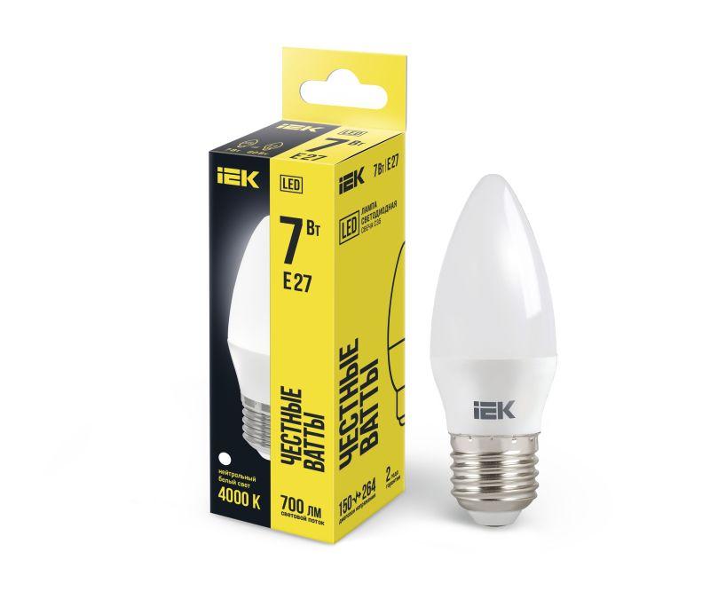 Лампа светодиодная Eco 7Вт C35 свеча 4000К нейтр. бел. E27 230В IEK LLE-C35-7-230-40-E27