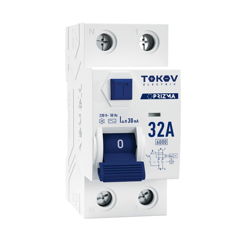 Выключатель дифференциального тока (УЗО) 2п (1P+N) 32А 30мА тип AC 6кА PRIZMA TOKOV Electric TKE-PZ60-RCDM-2-32-30-AC