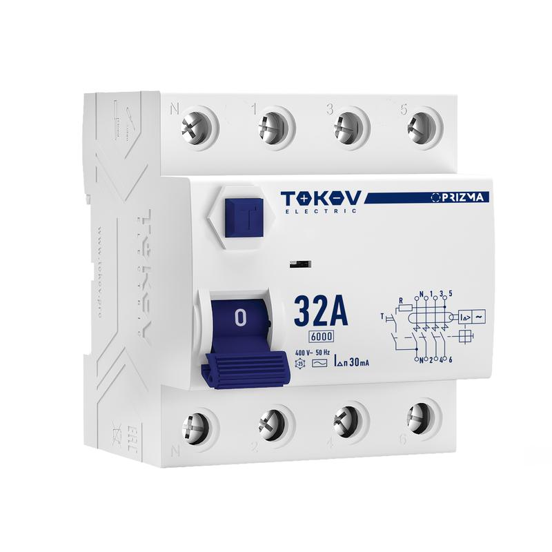 Выключатель дифференциального тока (УЗО) 4п (3P+N) 32А 30мА тип AC 6кА PRIZMA TOKOV Electric TKE-PZ60-RCDM-4-32-30-AC